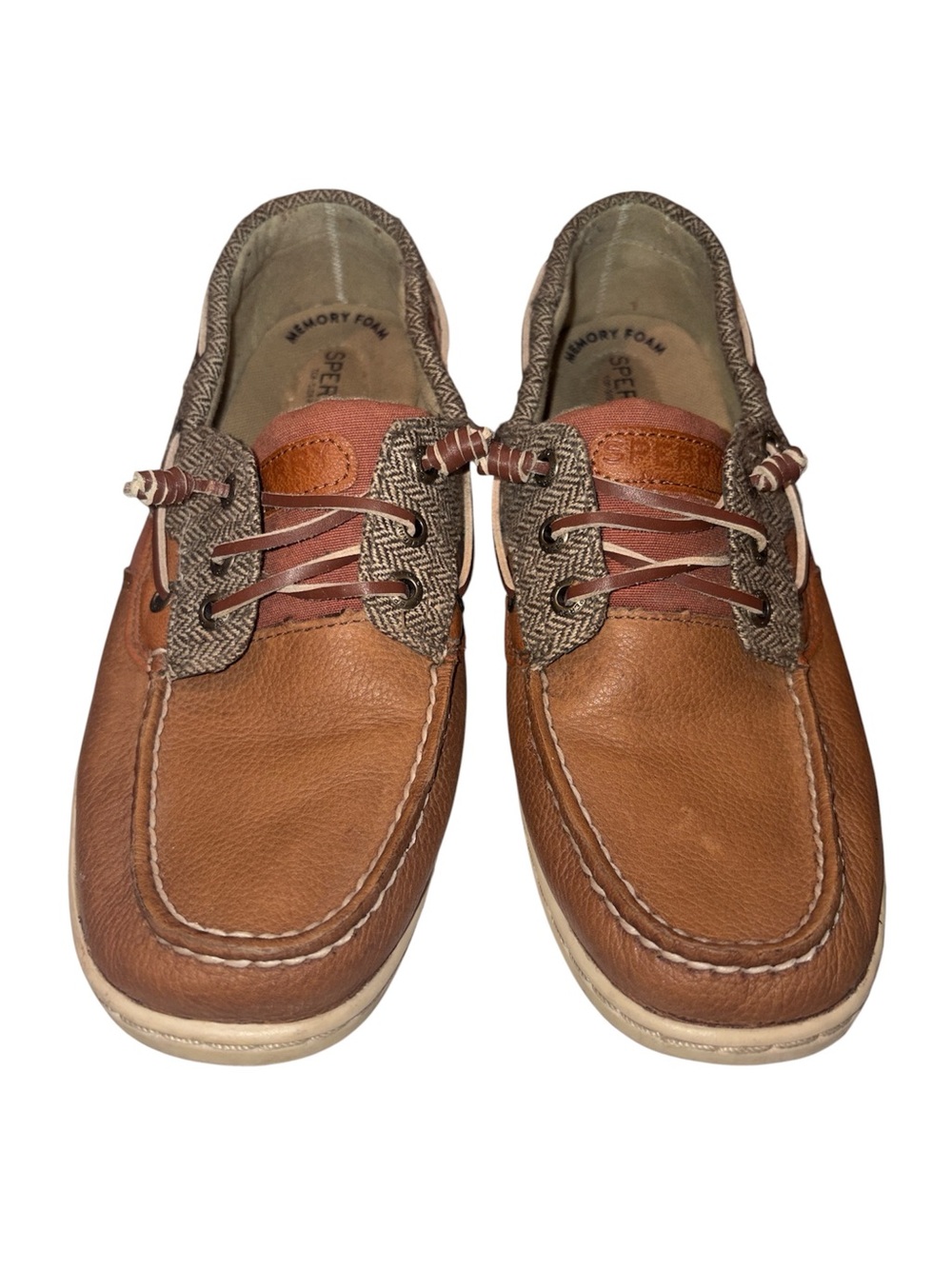 Sperry Women's Tan Leather Boat Shoes with Patterned Collar